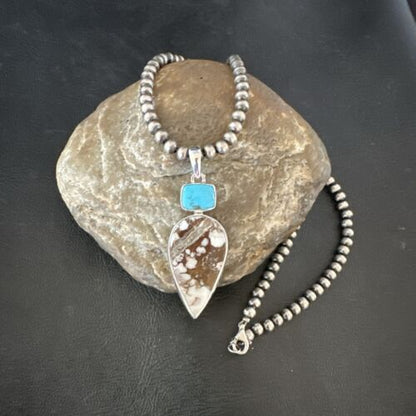 Navajo Wild Horse | Blue Kingman Turquoise Necklace | Sterling Silver | Authentic Native American Handmade | 17310