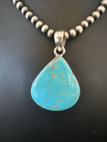 Navajo Blue Kingman Turquoise Pendant Necklace | Sterling Silver | 20" | Authentic Native American Handmade | 17001