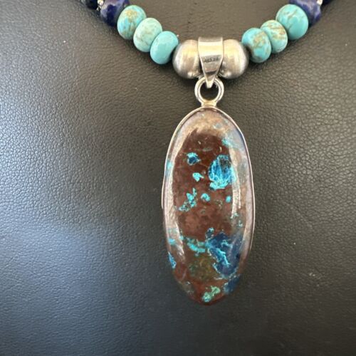 Navajo Blue Turquoise Jasper Lapis Inaly Pendant Necklace | Sterling Silver | 16926