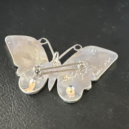Zuni Butterfly Wild Horse Turquoise Onyx Inlay Pin Pendant | Sterling Silver | Authentic Native American Handmade | 15153