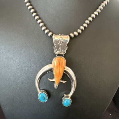 Navajo Blue Turquoise Orange Spiny Oyster Naja Pendant | Sterling Silver | Authentic Native American Handmade | 16411