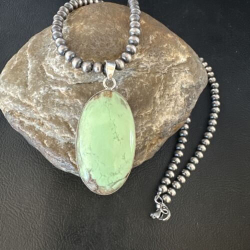 Navajo Green Gaspeite Pendant Necklace | Sterling Silver | Authentic Native American Handmade | 15488