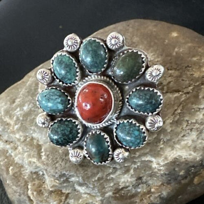 Navajo Blue Spiderweb Turquoise Coral Cluster Ring | Authentic Native American Sterling Silver | Multi-Stone | Sz 9.5 | 17182