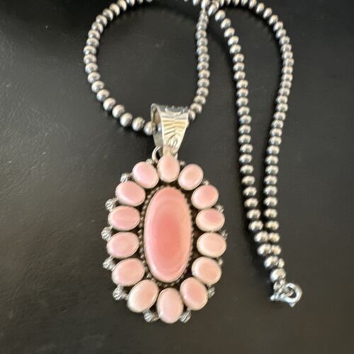 Navajo Pearls Pink Conch Necklace with Multi-Stone Cluster Pendant | Authentic Native American Handmade | 16061