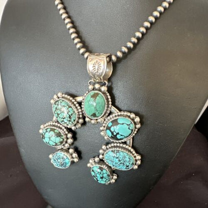 Navajo Men's Blue Turquoise Naja Pendant Necklace | Sterling Silver Pearls | Authentic Native American | 16404