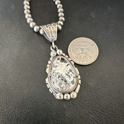 Navajo White Buffalo Turquoise Pendant Necklace | Sterling Silver | Authentic Native American Handmade | 17516