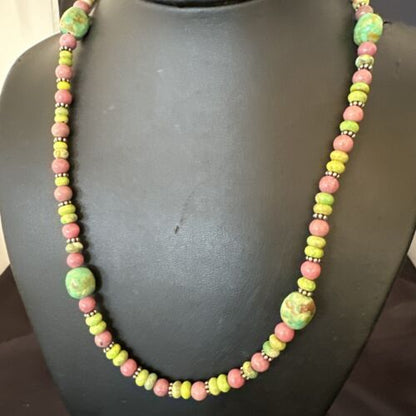 Navajo Green Turquoise Rhodochrosite Necklace | Sterling Silver | Authentic Native American Handmade | 20" | 17492