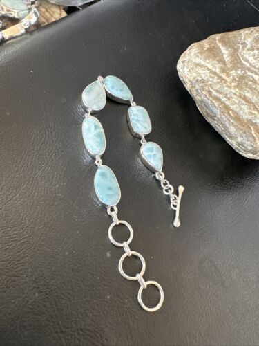 Navajo Blue Larimar Bracelet | Sterling Silver Link | 8" | Authentic Native American Handmade | 16075