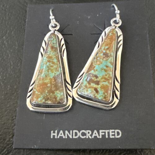 Navajo Blue Boulder Turquoise Dangle Earrings | Sterling Silver | Authentic Native American Handmade | 16500