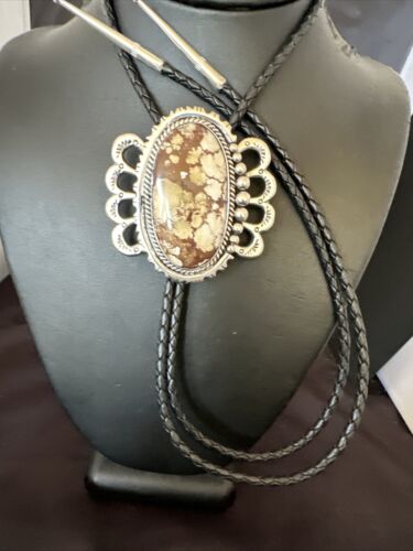 Navajo Men's Bolo Tie | Wild Horse Turquoise | Sterling Silver | Native American Handmade | 16757