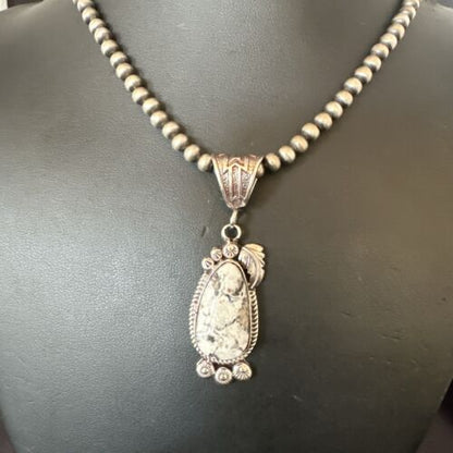 Navajo White Buffalo Turquoise Pendant Necklace | Sterling Silver | Authentic Native American Handmade | 17514