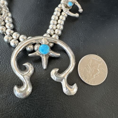 Navajo Blue Turquoise Naja Pendant Squash Blossom Necklace | Sterling Silver | Authentic Native American Handmade | 16172