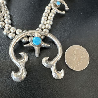 Navajo Blue Turquoise Naja Pendant Squash Blossom Necklace | Sterling Silver | Authentic Native American Handmade | 16172