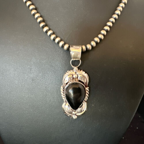 Native American Men's Pendant | Navajo Pearls | Sterling Silver Black Onyx Necklace | 16132