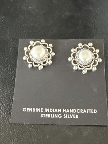Navajo White Pearl Post Stud Earrings | Sterling Silver | Authentic Native American Handmade | 15329