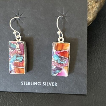 Navajo Blue Turquoise & Red Spiny Oyster Inlay Dangle Earrings | Sterling Silver | Native American Handmade | 15576