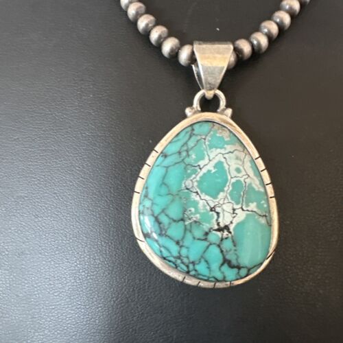 Men's Navajo Blue Spiderweb Turquoise Pendant Necklace | Sterling Silver | Authentic Native American Handmade | 16203