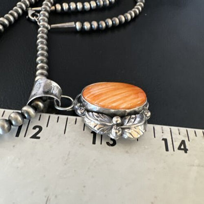 Navajo Orange Spiny Oyster Pendant Necklace | Sterling Silver | Authentic Native American Handmade | 15629