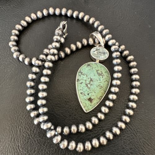 Navajo Dry Creek Turquoise Topaz Pendant Necklace | Sterling Silver | Authentic Native American Handmade | 16445