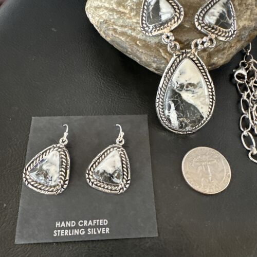 Navajo White Buffalo Turquoise Lariat Necklace | Sterling Silver Earrings | Authentic Native American Handmade | 16267