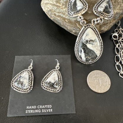 Navajo White Buffalo Turquoise Lariat Necklace | Sterling Silver Earrings | Authentic Native American Handmade | 16267