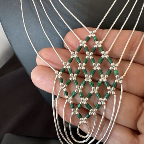 Crisscross Green Malachite Heishi Necklace | 5 Strand Liquid Sterling Silver | 22" | 15884