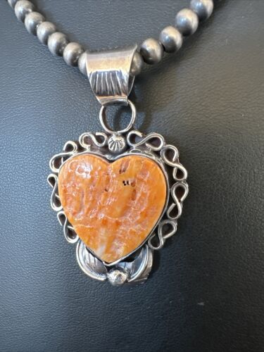 Navajo Orange Spiny Oyster Heart Pendant Necklace | Sterling Silver | Authentic Native American Handmade | 16417