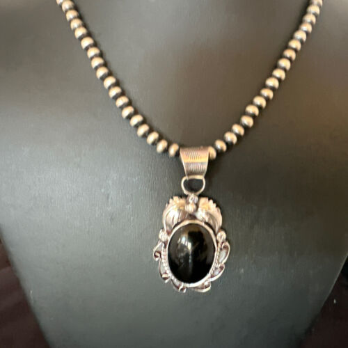 Native American Men's Pendant | Navajo Pearls | Sterling Silver Black Onyx Necklace | 16128