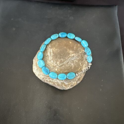 Women's Blue Turquoise Bead Bracelet | Southwestern Sterling Silver Link | 9" | 17229