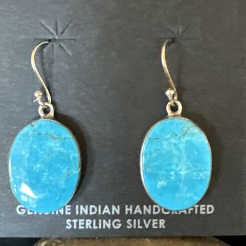 Navajo Blue Kingman Turquoise Dangle Earrings | Sterling Silver | Authentic Native American Handmade | 15436