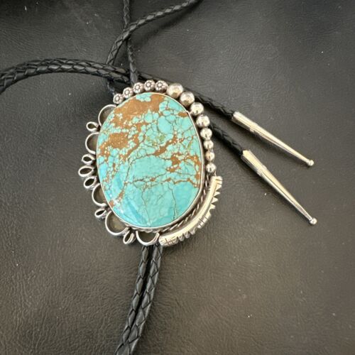 XL Men's Blue Turquoise #8 Bolo Tie | Navajo Sterling Silver | Authentic Native American Handmade | 17006