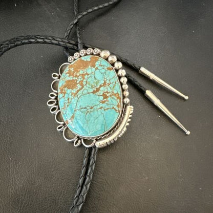 XL Men's Blue Turquoise #8 Bolo Tie | Navajo Sterling Silver | Authentic Native American Handmade | 17006
