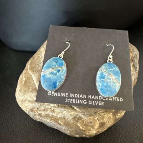 Navajo Blue Turquoise Dangle Earrings | Sterling Silver | Authentic Native American Handmade | 15434