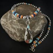 Navajo Spiny Oyster Turquoise Lapis Inlay Pendant Necklace | Sterling Silver | 21" | 16769