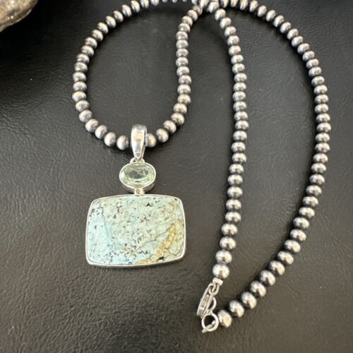 Navajo Dry Creek Turquoise Topaz Pendant Necklace | Sterling Silver | Authentic Native American Handmade | 16307