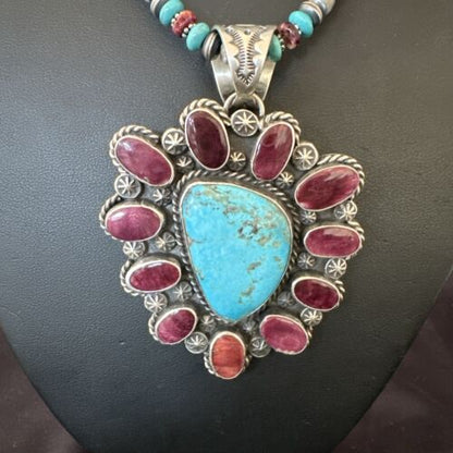 Navajo XL Turquoise Purple Spiny Cluster Pendant Necklace | Sterling Silver | Native American Handmade | 17427