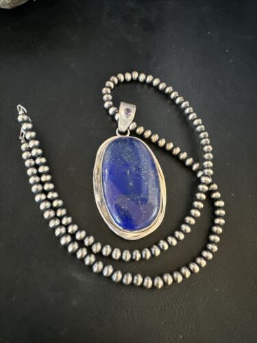 Men's Denim Lapis Lazuli Pendant Necklace | Navajo Beads | Sterling Silver | Authentic Native American Handmade | 15199