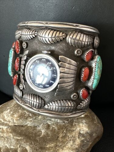 Navajo Men's Women's Royston Turquoise Coral Watch Cuff Bracelet | Sterling Silver | Authentic Native American | XL | 15850