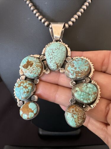 Navajo Blue Turquoise #8 Squash Blossom Necklace Naja Pendant | Sterling Silver | Authentic Native American Handmade | 16896