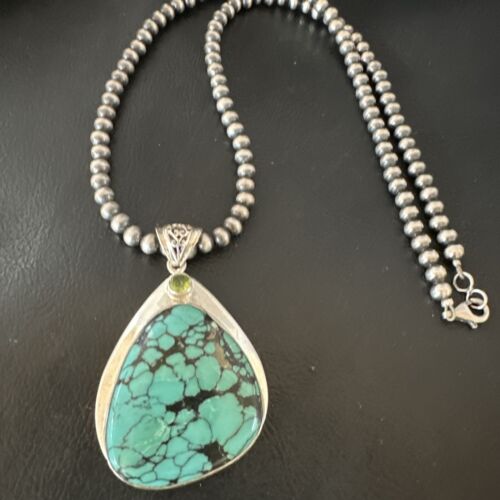 Men's Navajo Blue Spiderweb Turquoise Pendant Necklace | Sterling Silver | Authentic Native American Handmade | 16202