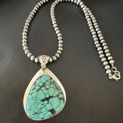 Men's Navajo Blue Spiderweb Turquoise Pendant Necklace | Sterling Silver | Authentic Native American Handmade | 16202