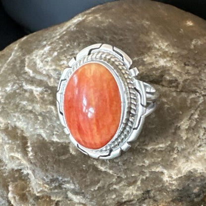 Women's Orange Spiny Oyster Ring | Navajo Sterling Silver | Sz 8.5 | Authentic Native American Handmade | 16032