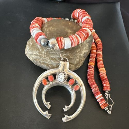 Navajo White Buffalo Spiny Oyster Naja Pendant Necklace | Sterling Silver | 25" | Authentic Native American Handmade | 17421