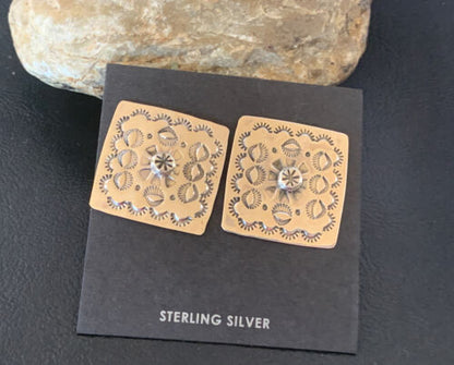 Navajo Stamped Square Earrings | Sterling Silver | Authentic Native American Handmade | 1199