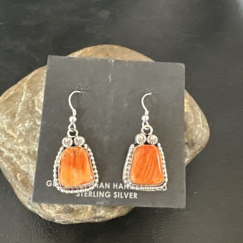 Navajo Orange Spiny Oyster Dangle Earrings | Sterling Silver | Authentic Native American Handmade | 17274