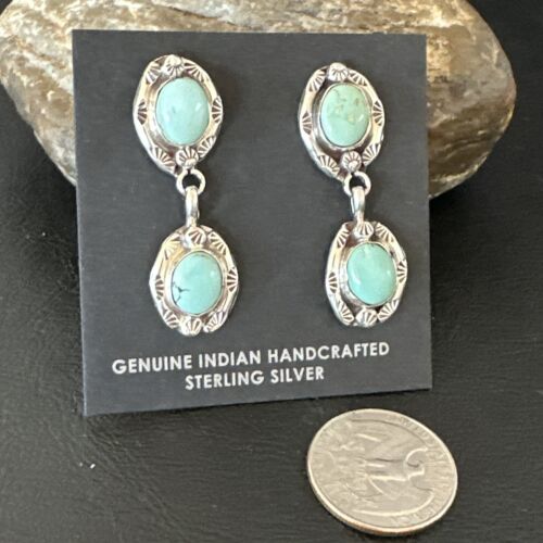 Dry Creek Turquoise Navajo Post Dangle Earrings | Sterling Silver | 1.5" | Authentic Native American Handmade | 17383