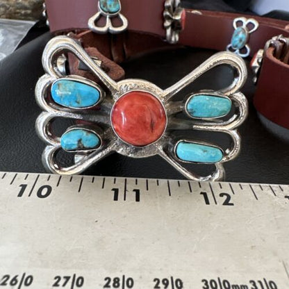 Men's Turquoise Spiny Oyster Concho Belt | Sterling Silver Navajo Tufa | Authentic Native American Handmade | 16680