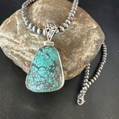 Navajo Blue Spiderweb Turquoise Pendant Necklace | Sterling Silver Pearls | Authentic Native American Handmade | 15571