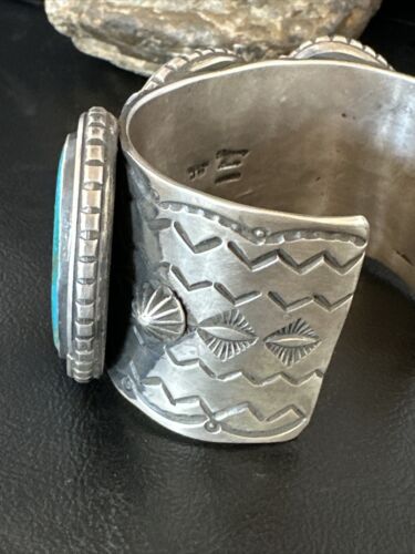 XL Men's Kingman Turquoise 3 Stone Cuff Bracelet | Navajo Sterling Silver | Authentic Native American Handmade | 15851