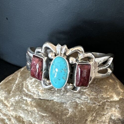 Navajo Kingman Turquoise Spiny Cuff Bracelet | Sterling Silver Tufa Cast | Authentic Native American Handmade | 16407
